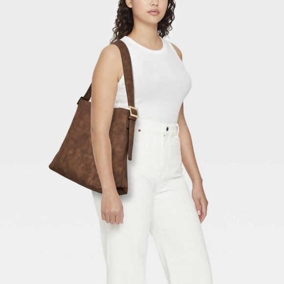 Universal Thread Slouchy Bucket Shoulder Bag Brown Faux Suede Boho Quiet Luxury - Picture 2 of 16